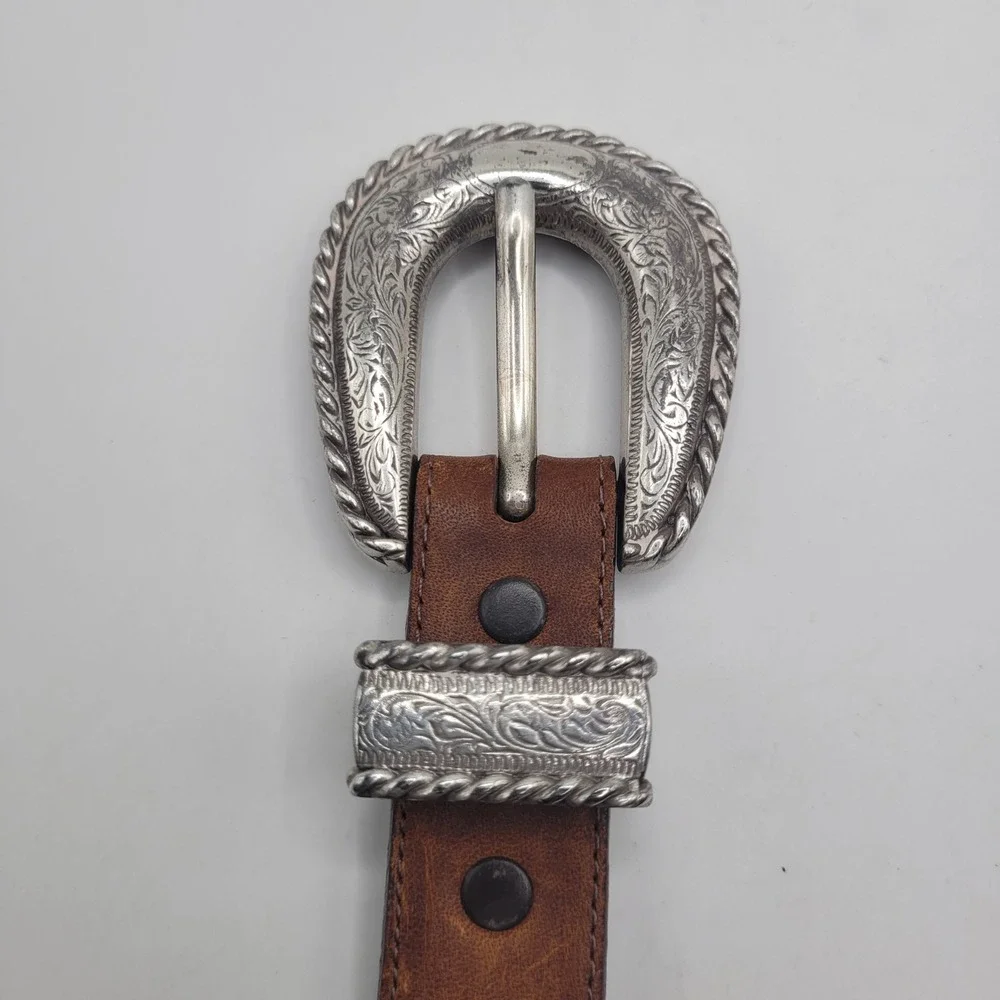 Vintage Justin Belt 40 Brown Leather Western Engraved Silver Buckle 191BY 90s